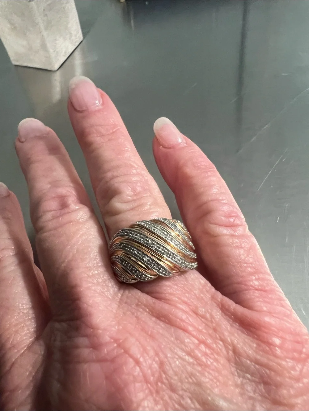Two-Tone Wave Band Ring with Pave Genuine Diamond Accents - Gold & Silver